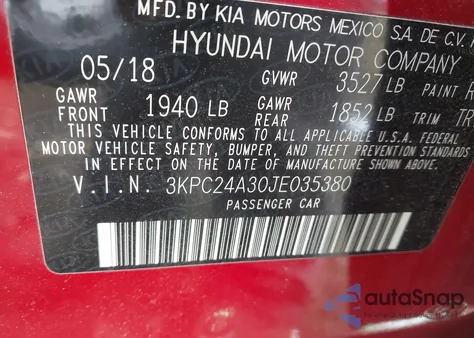2018 Hyundai Accent Se from USA, damaged, VIN 3KPC24A30JE035380
